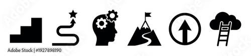 Six black silhouette icons representing various concepts of progress, success, and achievement, depicted with clear, minimalist graphics and a strong upward trajectory