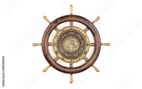 Wooden steering wheel with a world map isolated on white background