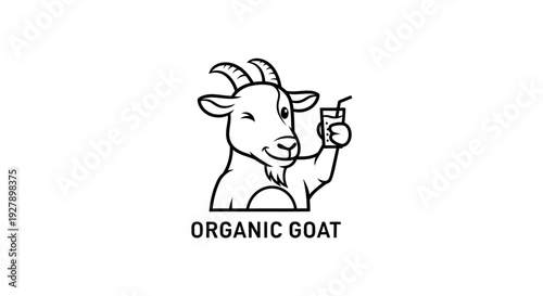 Winking Organic Goat Cartoon Logo Holding Drink Glass Vector Illustration