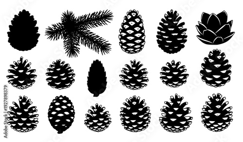 Black pine and spruce cone silhouette collection detailed vector set isolated on white