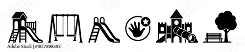 Various black silhouette playground and park icons are neatly arranged, depicting children's play structures, swings, slides, a castle, a tree, and a bench in a clean, graphic style