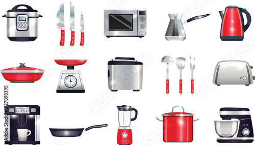 Premium collection of realistic red and silver kitchen appliances and utensils, featuring modern cooking tools, coffee makers, and electronic culinary gadgets.