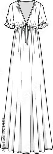 Women elegant white maxi dress with puff sleeves and tie front detail fashion technical sketch cad drawing flat vector illustration