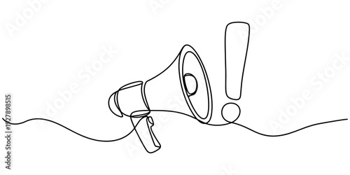 Continuous single line sketch drawing of megaphone exclamation mark attention warning sign one line vector illustration, Megaphone Continuous Line Icon, Megaphone Continuous Line Icon.