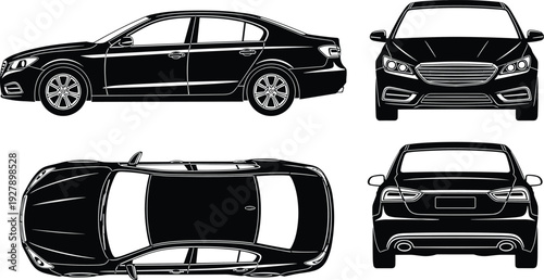 Set of modern sedan car silhouette illustrations showing front, side, rear, and top views isolated on white background for automotive design and transportation graphics