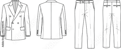 Men formal double breasted suit jacket and trousers set fashion technical sketch cad drawing flat vector illustration for apparel design
