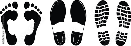 Barefoot and shoe sole footprint silhouettes collection, black human step and tread track impressions isolated on white background vector illustration set