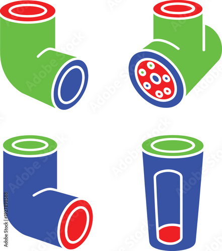 Set of four abstract pipe and tube elements in red, green, blue on transparent background