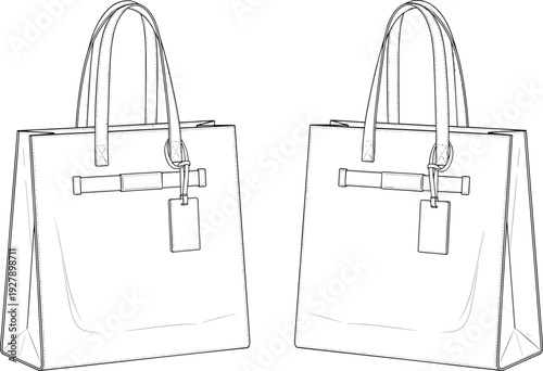Professional fashion technical sketch of a luxury tote bag with luggage tag detail for product design cad drawing flat vector illustration