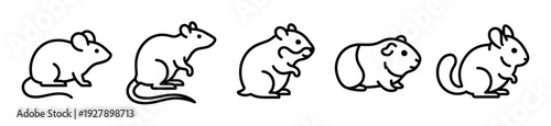 Five simple black outline rodent icons featuring a mouse, rat, hamster, guinea pig, and squirrel in a minimalist vector illustration style