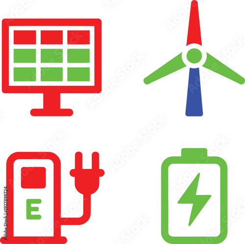 Set of four isometric icons representing renewable energy sources and technology