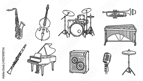 Various musical instruments and audio equipment are depicted in a clean, hand-drawn black and white line art style, showcasing detailed outlines of each item