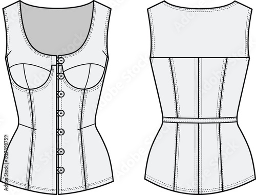 Technical flat sketch of women's corset top, cropped blazer, peplum vest, racerback tank, pleated and ruffled maxi skirts, cad drawing flat vector illustration