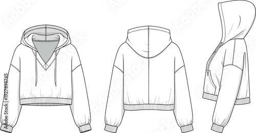 Technical flat sketch of women's cropped hoodie, corset top, cropped blazer, racerback tank, maxi skirts, cad drawing flat vector illustration.
