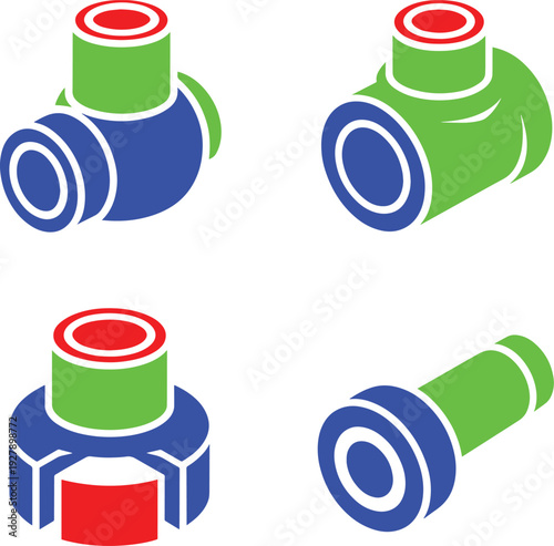 Set of four isometric industrial pipe connectors and valves on transparent background