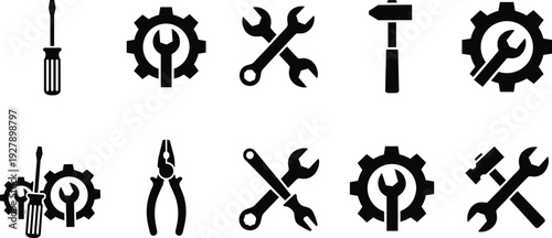 Set of repair and maintenance tool icons including screwdriver, wrench, hammer, pliers and gear symbols, black silhouette vector illustration isolated on white background