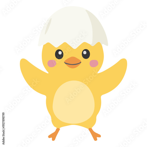 Baby chick with eggshell hat flat illustration. Cute yellow chick wearing broken eggshell on head in flat pastel style. Perfect for Easter designs and children prints.