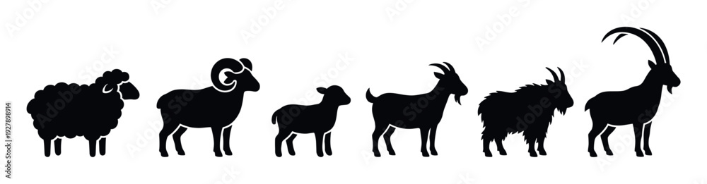 Obraz premium Six black silhouettes of various sheep and goats are depicted in a horizontal line, showcasing different breeds and ages with distinct horn shapes and wool textures in a clean, graphic style
