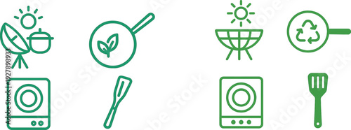 Exploring icons that illustrate various aspects of sustainability, including gardening tools, containers, and practices promoting eco-friendly lifestyles.