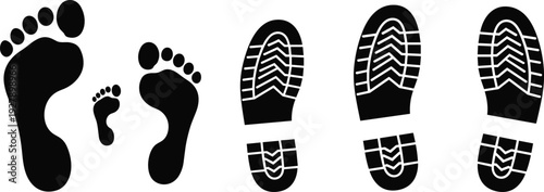 Human barefoot and shoe sole footprint silhouettes, black step and tread track impressions isolated on white background vector illustration set