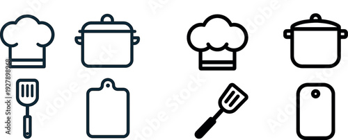 A chef hat, pot, spatula, and cutting board are arranged neatly, showcasing essential culinary tools for food preparation in any kitchen setting.