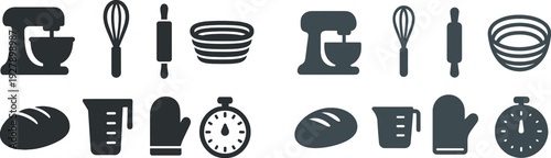 A collection of essential baking tools is arranged neatly. The set features a mixer, whisk, rolling pin, bowls, measuring cup, oven mitt, and timer, suitable for any baking task.