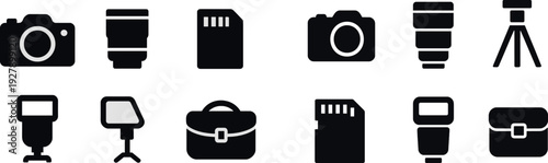 A collection of essential photography tools is arranged neatly, showcasing a camera, lens, memory card, light source, reflector, and storage bag. Ideal for photographers.