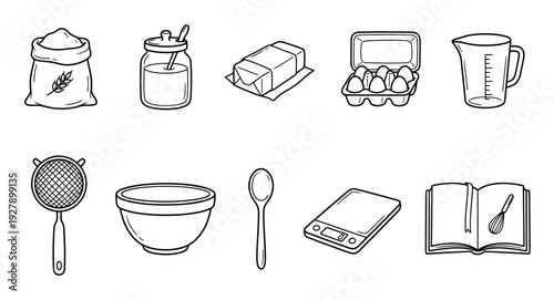 Various baking ingredients and tools are illustrated in a clean, hand-drawn outline style, featuring flour, sugar, butter, eggs, measuring cup, sieve, bowl, spoon, scale, and a cookbook with whisk