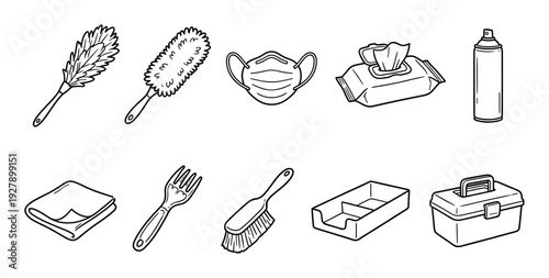 Various hand-drawn cleaning, hygiene, and organization items are presented in a doodle style, featuring essential tools for everyday tasks and maintenance with a clear, illustrative aesthetic