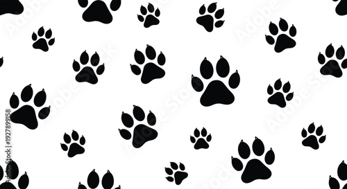 Seamless dog paw print pattern background, black canine footprint silhouettes scattered on white backdrop vector illustration for pet themed design