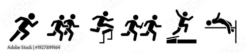Six distinct black stick figures depict various athletic track and field events including running, hurdling, relay, long jump, and high jump, presented as a clear, simple vector illustration