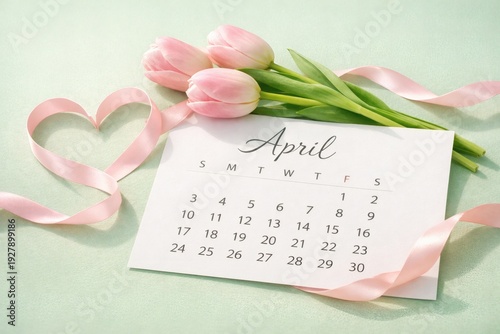 4月カレンダーとチューリップの春イメージ / April calendar with tulips