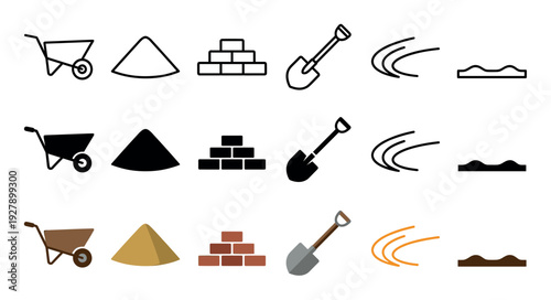 Various construction site icons illustrating building materials and tools in different styles, including outline, solid, and flat colored designs, arranged neatly in a grid