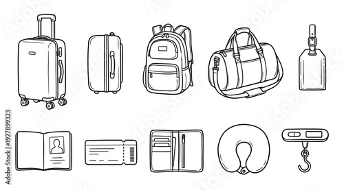 Various travel essentials and luggage items are neatly arranged in a clean, minimalist line art style, showcasing common accessories for a journey with simple black outlines