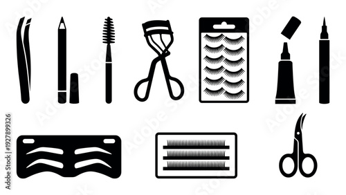 Various black silhouette eye makeup and beauty tools are neatly arranged, depicting essential items for enhancing eyelashes and eyebrows in a clean, graphic style