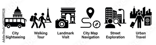 Six distinct black silhouette travel and tourism icons are neatly arranged, illustrating various aspects of urban exploration, sightseeing, and navigation with clear, minimalist graphics
