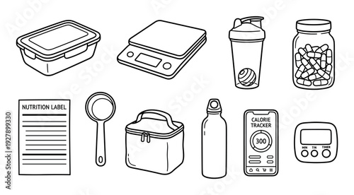Various black outline icons representing health, fitness, and nutrition tools are neatly arranged in a clean, illustrative style, conveying concepts of diet, wellness, and active lifestyle