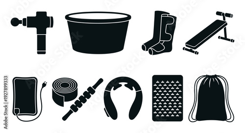 Various fitness and recovery equipment icons are neatly arranged in a clean, modern black silhouette style, showcasing essential tools for exercise and post-workout care