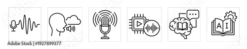 Six distinct outline icons depicting voice recognition, speech processing, and artificial intelligence concepts, presented in a clean, modern, and illustrative style