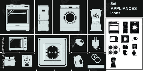 Minimalist set of black and white household appliance icons featuring kitchen electronics, laundry equipment, and electrical power outlets.