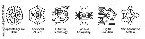 Six distinct black and white technology icons illustrate concepts of artificial intelligence, computing, and future systems, presented with a clean, modern line art style