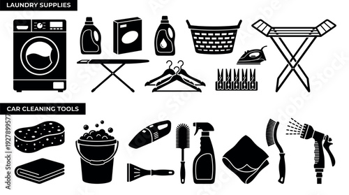 Various black silhouette icons representing laundry and car cleaning supplies are neatly arranged in a clean, modern graphic style, perfect for illustrating household tasks