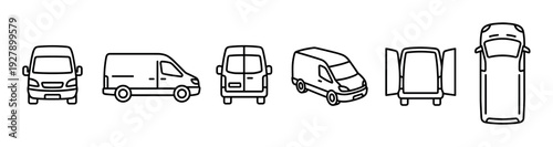Six black outline delivery van icons showing various perspectives: front, side, rear, isometric, open doors, and top views, rendered in a minimalist line art style
