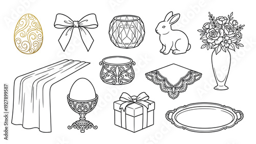 Various line art illustrations of elegant Easter and spring celebration items, showcasing intricate details and a festive, decorative style