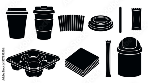 Various black silhouette coffee shop disposable items including cups, lids, sleeves, a carrier, napkins, stirrers, sugar packets, and a small trash can, presented as a detailed vector illustration