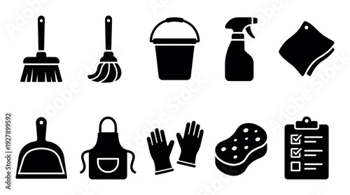 Various black silhouette cleaning tools and household items are neatly arranged in a grid, depicting essential equipment for hygiene and maintenance tasks with a minimalist icon style