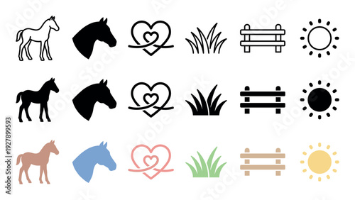 Collection of various horse-themed icons, including foals, horse heads, hearts, grass, fences, and suns, presented in outline, solid black, and colored graphic styles