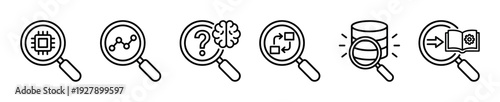 Six distinct line art magnifying glass icons illustrate various concepts of analysis, research, and data processing with a clean, modern aesthetic