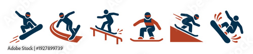 Six stylized snowboarder icons depict dynamic winter sports actions, showcasing various tricks, speed, and movement in a modern, flat graphic design with a bold blue and red color palette