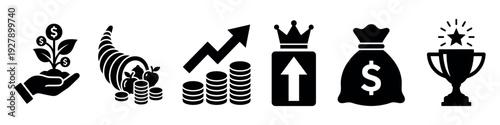 Comprehensive financial success icon set illustrates concepts of investment, prosperity, and achievement with clean black silhouettes